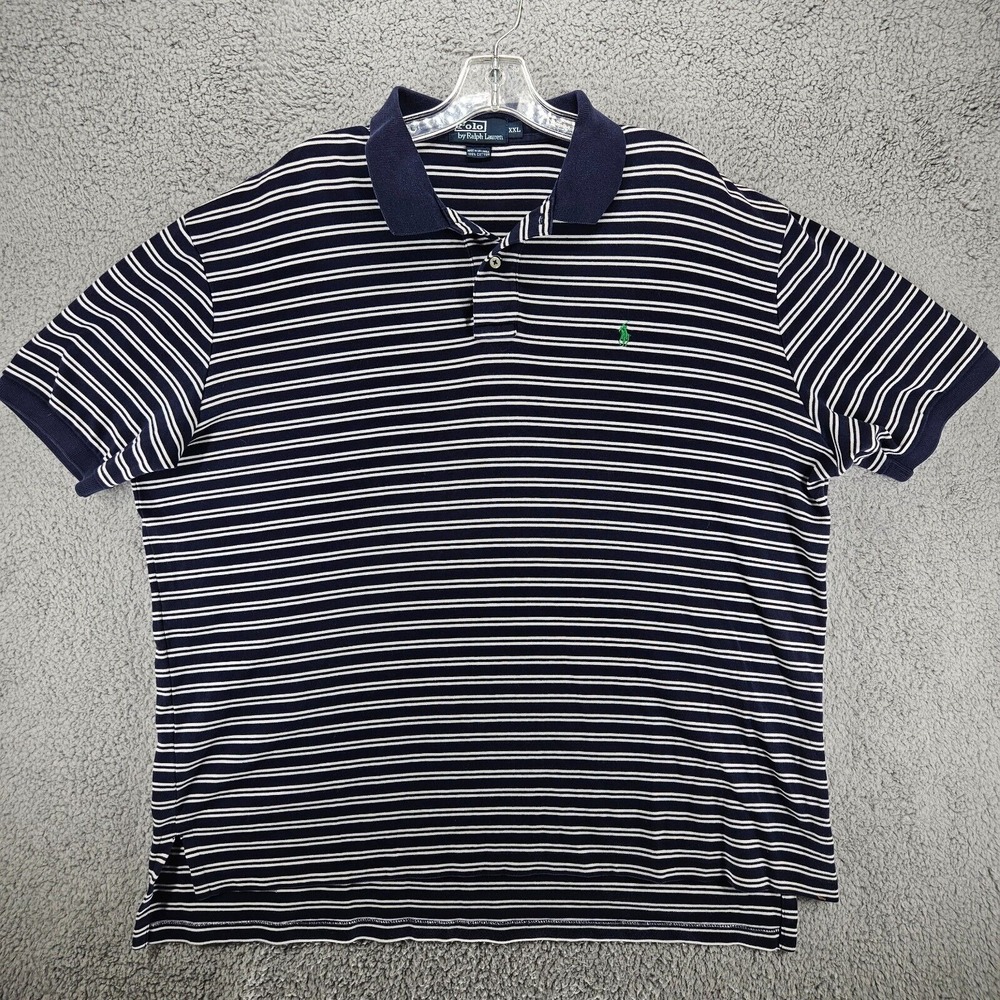 Polo Ralph Lauren Mens XXL Navy Blue White Striped Short Sleeve Polo Shirt Green